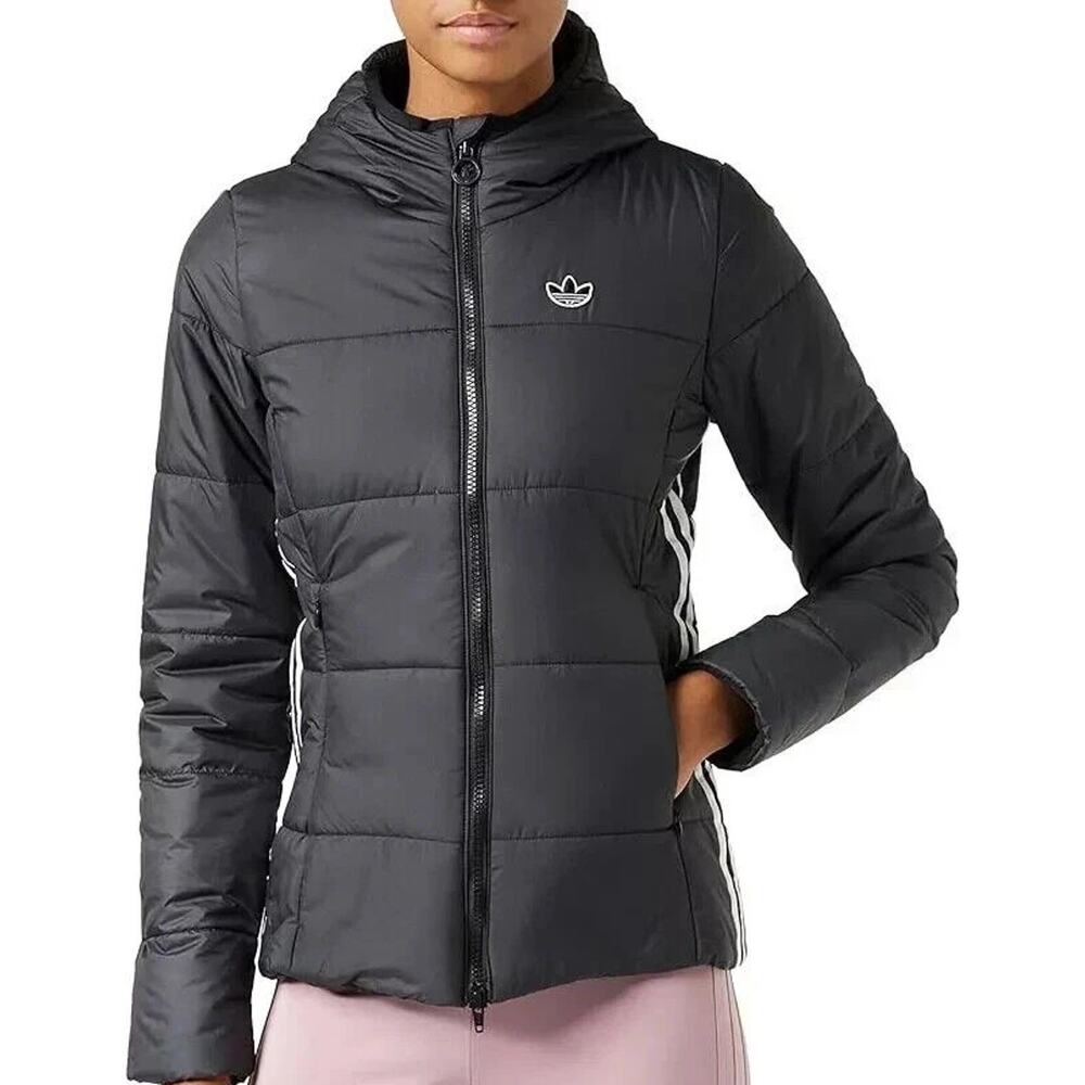 Adidas Originals GD2507 Slim Trefoil Puffer Hooded 3 Stripe Jacket M Black $100